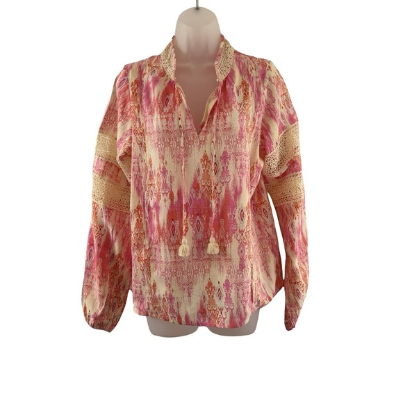 Stella Parker Collection Tops - Stella Parker‎ Printed Long Sleeve Top Womens Small Pink Bombay Damask Boho Lace